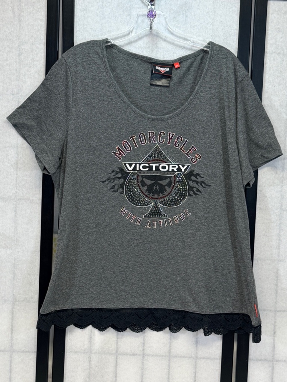 Victory Motorcycle Graphic Rhinestone Accent Lace Hem Grey Scoop Neck Tee XXL